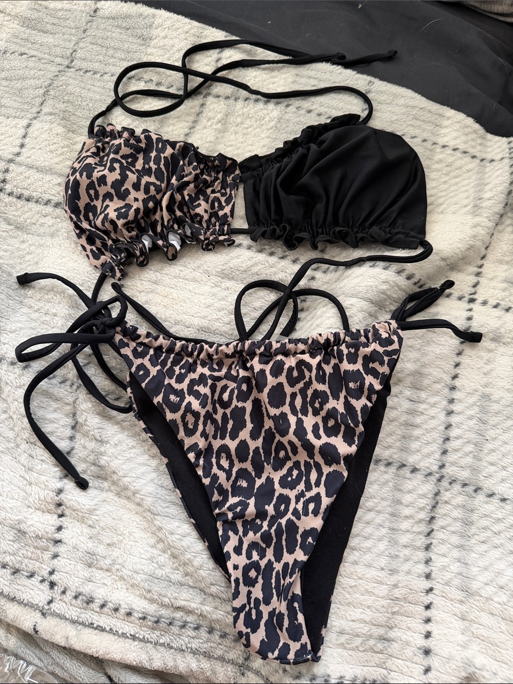 Black & Leopard Print Tie-Side Kids One Piece Bikini
